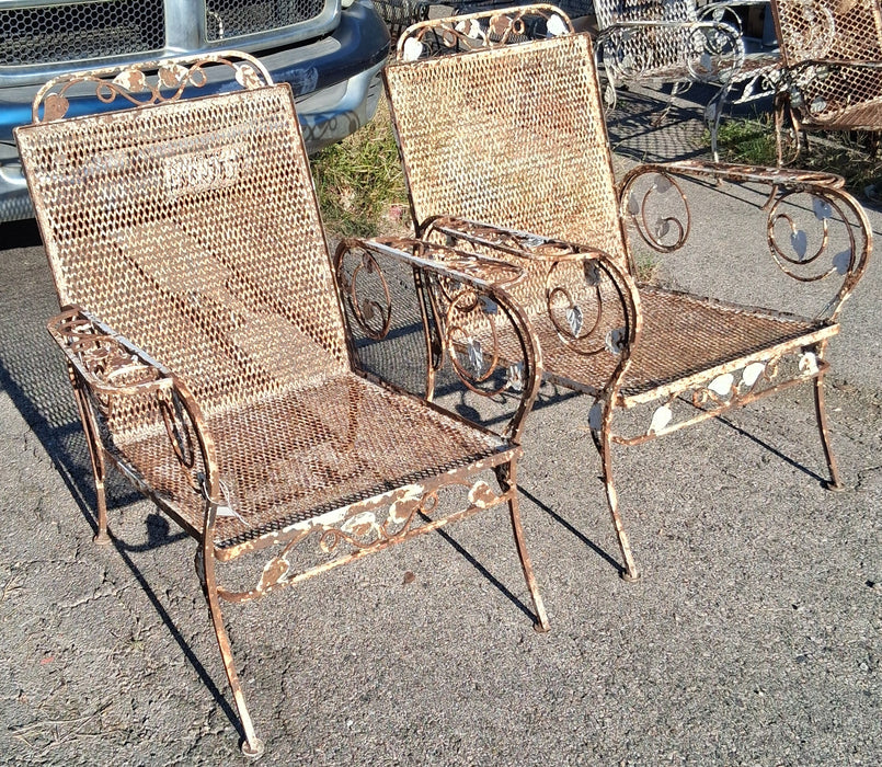 PAIR OF IRON LEAF ARMCHAIRS WITH SMALL MESH SEAT
