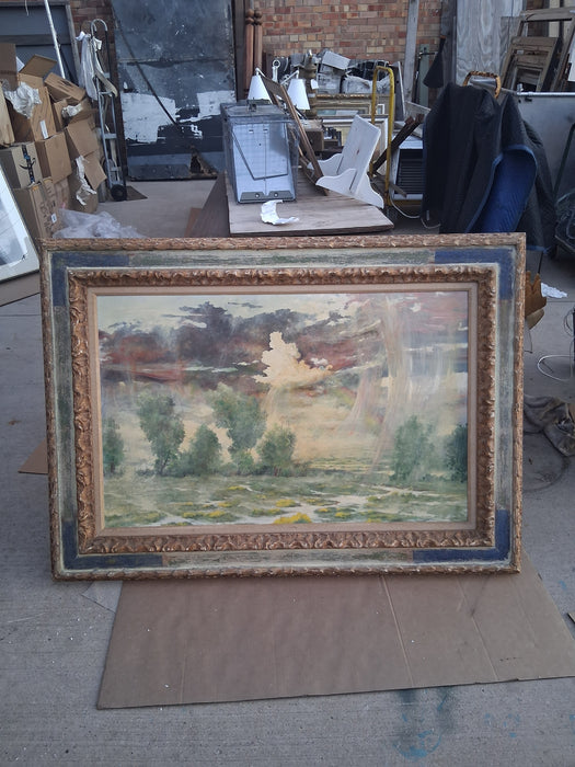 LARGE FRAMED LANDSCAPE OIL PAINTING WITH A STORM SIGNED JACKSON HENSLEY