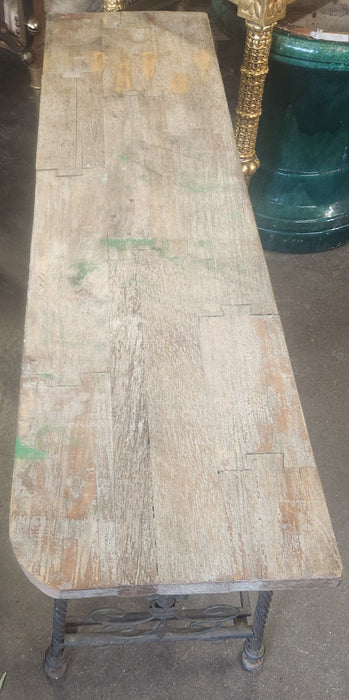 SMALL IRON ORNATE WOOD TOP BENCH