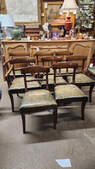 SET OF 8 EARLY MAHOGANY LEATHER SEAT  CHAIRS (2 WITH ARMS)