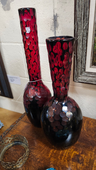 PAIR OF RUBY GLASS VASES WITH DIMPLED TEXTURE