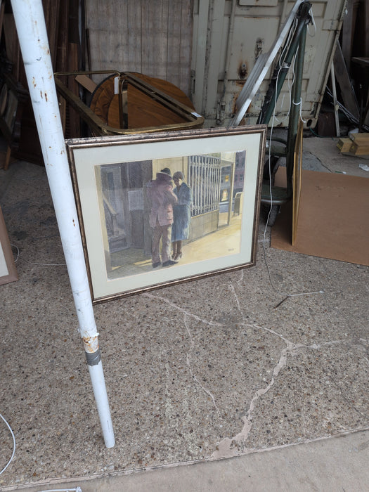 FRAMED WATER COLOR OF A MAN AND WOMAN CONVERSING BY A STOREFRONT BY GEORGE KAWKINS