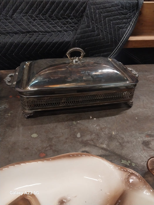 SILVER PLATE  RECTANGULAR COVERED CASSEROLE WITH GLASS DISH