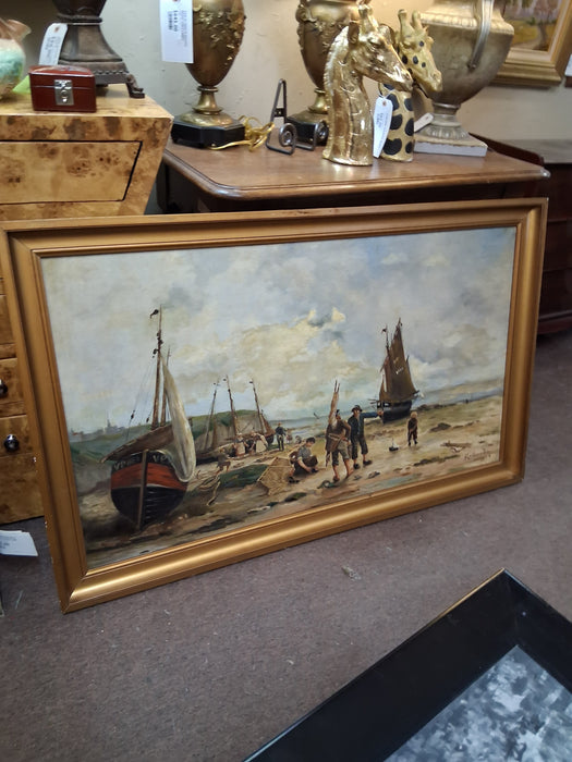 FRAMED SEASCAP OIL PAINTING WITH PEOPLE AND BOATS