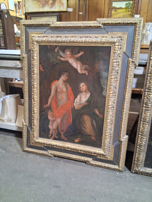LARGE FRAMED 18TH CENTURY RELIGIOUS OIL PAINTING WITH CHERUB