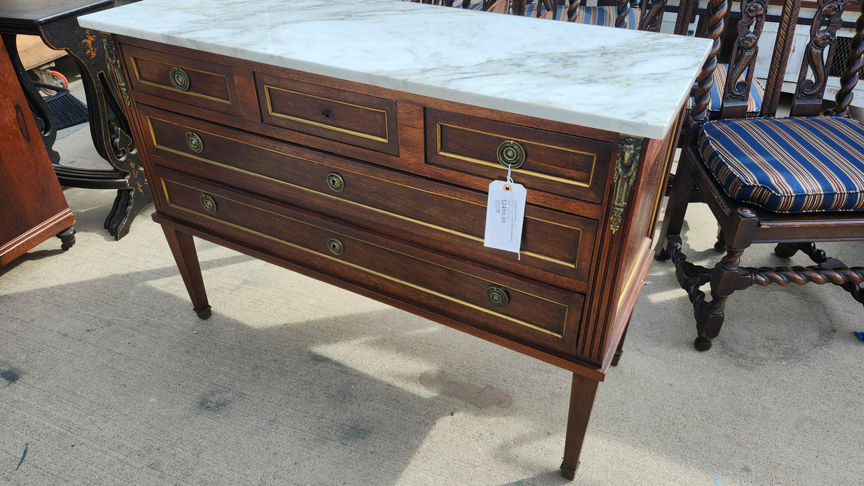 LOUIS XVI MARBLE TOP MAHOGANY CHEST WITH ORMOLU
