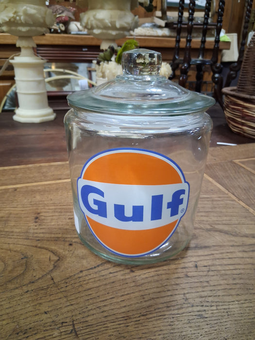 GULF OIL ADVERTISING GLASS COOKIE JAR
