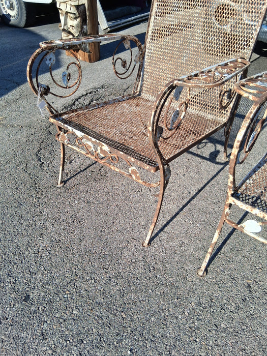 PAIR OF IRON LEAF ARMCHAIRS WITH SMALL MESH SEAT