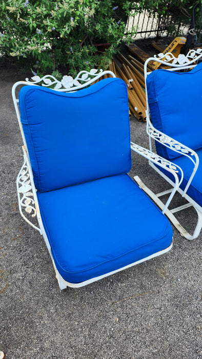 PAIR OF BOUNCY WHITE IRON WITH BLUE CUSHIONS PATIO CHAIRS