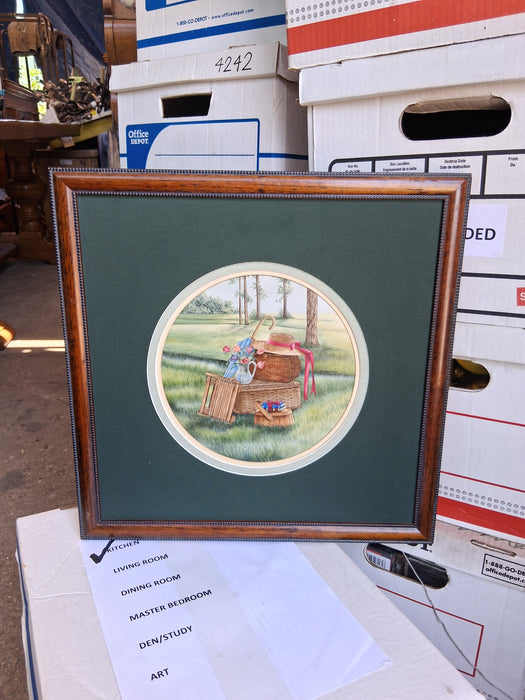 ROUND OIL PAINTING OF PICNIC BASKETS IN SQUARE FRAME BY KAY LAMB SHANNON 1991