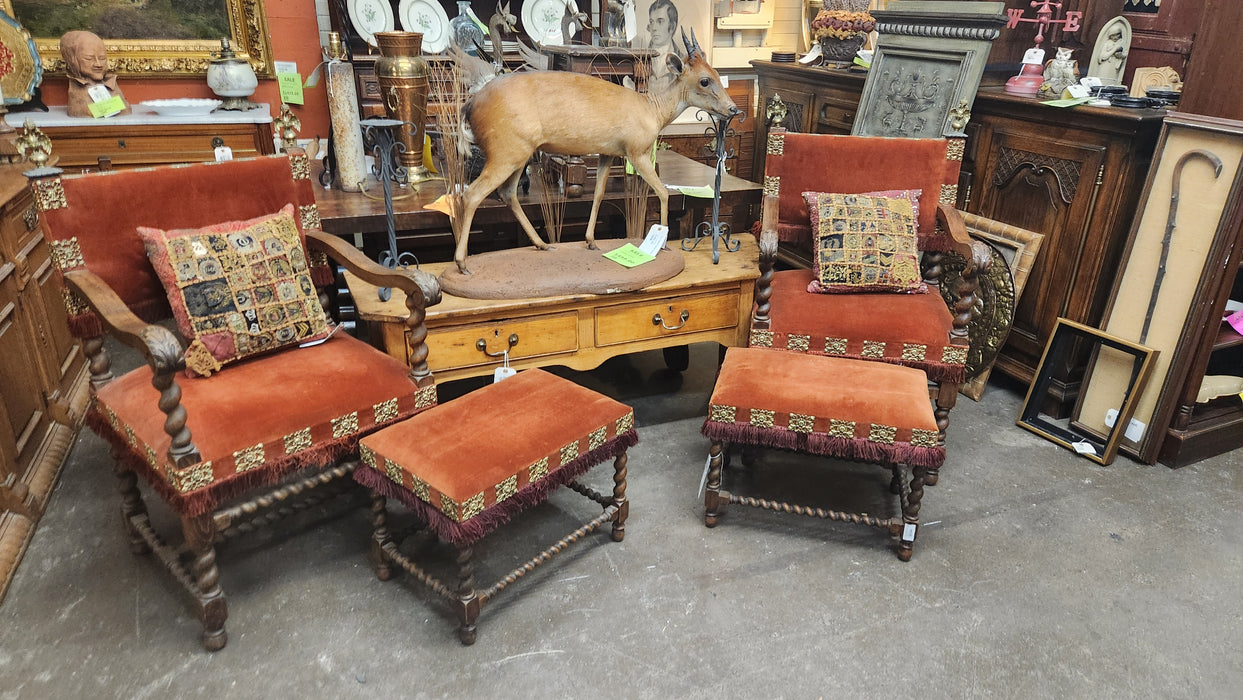 SET OF EAGLE FINIAL BARLEY TWIST ARM CHAIRS WITH OTTMANS