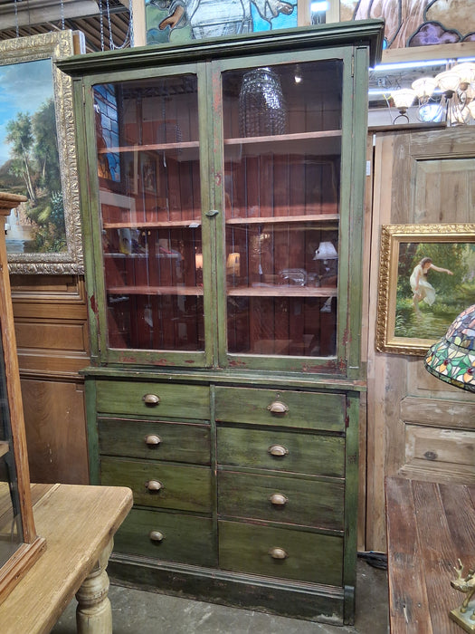 LARGE EARLY 20TH CENTURY GREEN APOTHOCARY CABINET