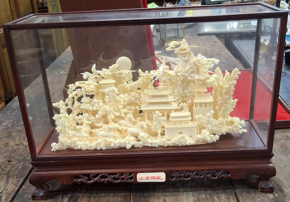 CHINESE CARVED RESIN PALACE IN DISPLAY CASE