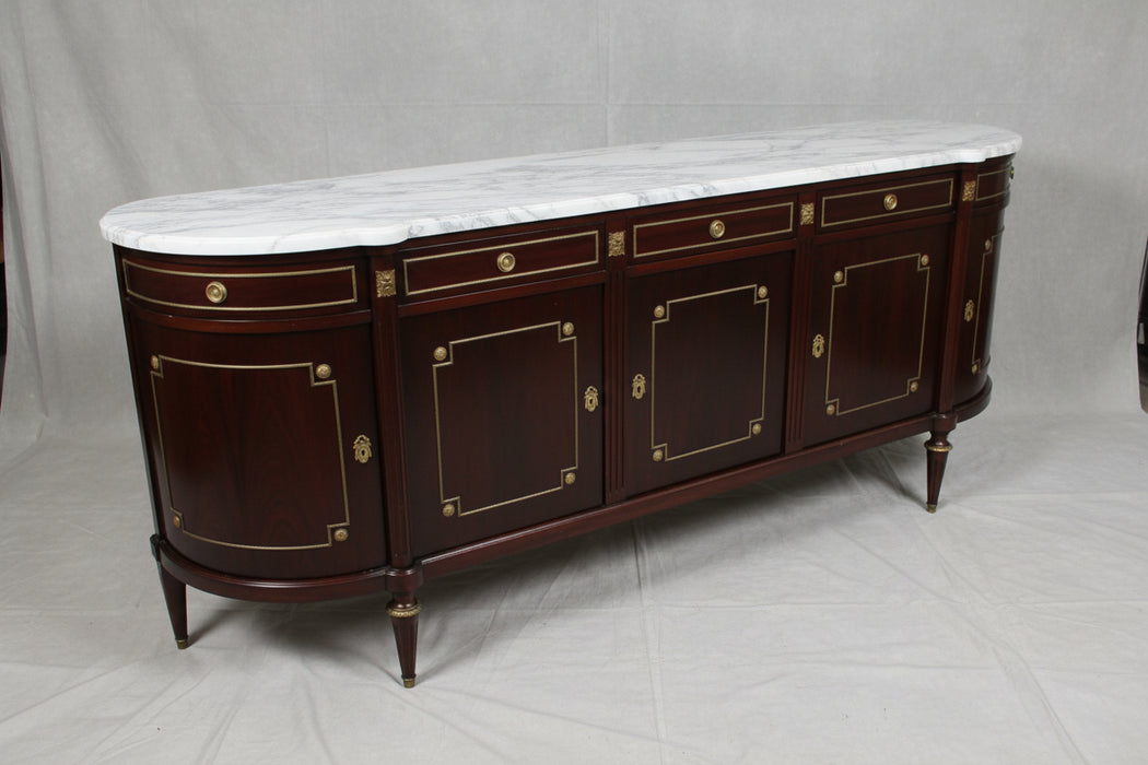 LOUIS XVI WHITE MARBLE TOP MAHOGANY 5 DOOR SIDEBOARD