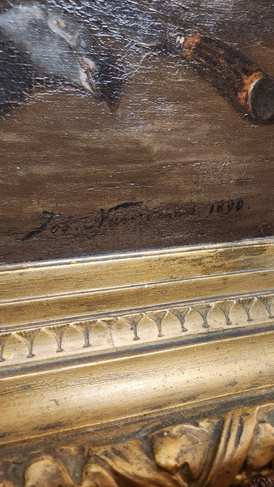 ORNATELY GILT FRAMED STILL LIFE MORT BIRDS OIL PAINTING ON CANVAS