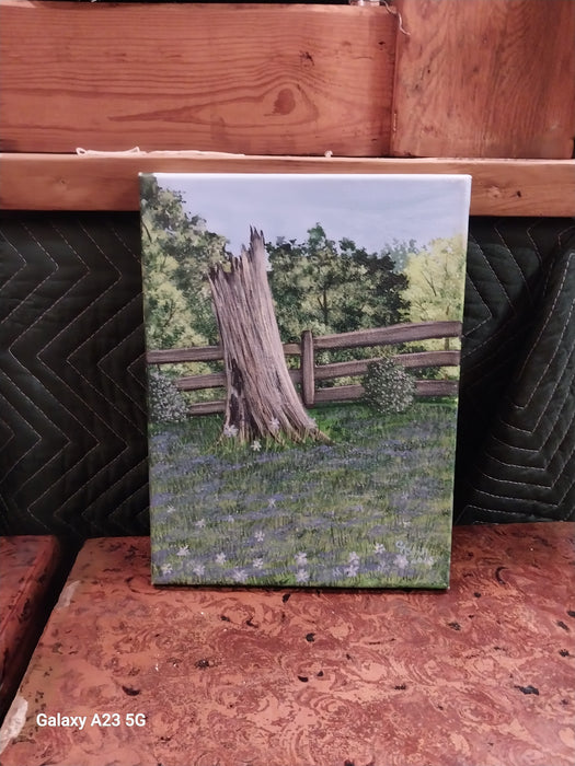 SMALL UNFRAMED OIL PAINTING OF A STUMP BY A FENCE