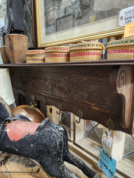 HUGE OAK WALL SHELF WTH HOOKS