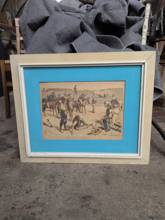 FRAMED PRINT OF COWBOYS AND FIGHTING BULLS