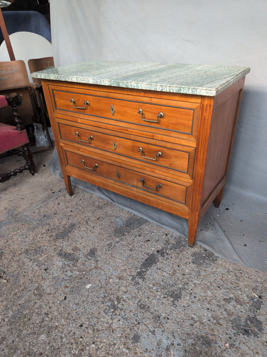 LOUIS XVI CHERRY GREEN MARBLE TOP 3 DRAWER CHEST WITH BAR PULLS AND DOVETAIL