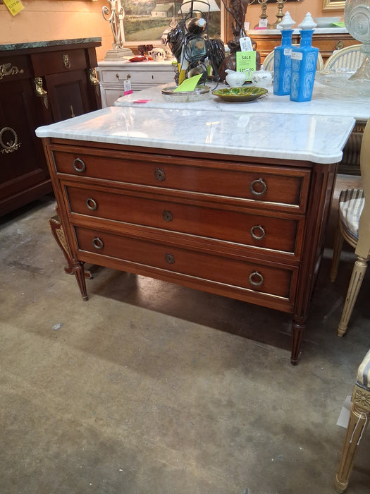 VINTAGE LOUIS XVI MAHOGANY WHITE MARBLE TOP CHEST