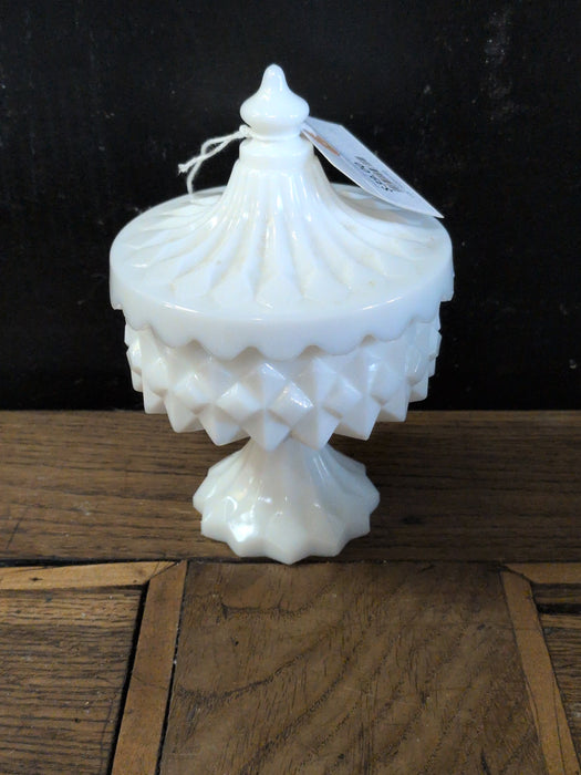 SMALL MILK GLASS FOOTED CANDY JAR WITH LID