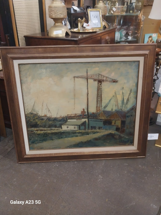 LARGE SHIP YARDS OIL PAINTING