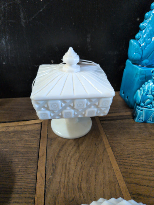 SMALL SQUARE MILK GLASS CANDY JAR WITH LID