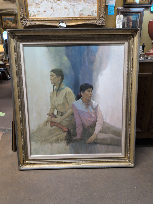LARGE FRAMED OIL PAINTING OF A BOY AND GIRL SIGNED KENNETH RILEY