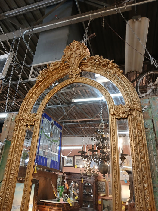 LOUIS XV LARGE ARCHED TOP ORNATE GILT BEVELED MIRROR