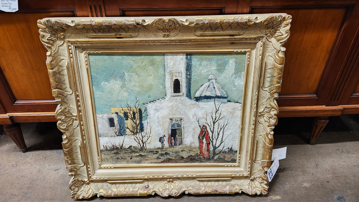 GILT FRAMED OIL PAINTING OF A MISSION