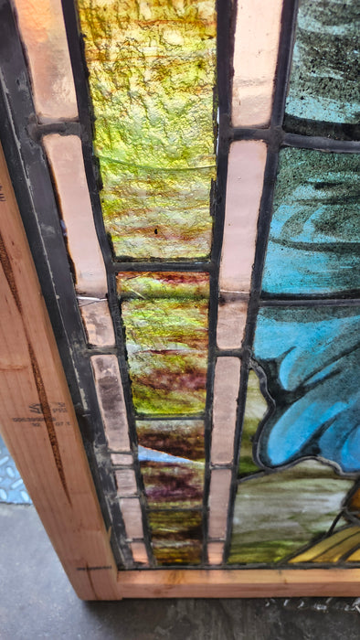LARGE PAINTED AND STAINED GLASS WINDOW WITH ANGEL AS FOUND