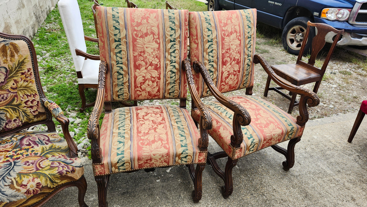 PAIR OF ACANTHUS CARVED WALNUT ARM CHAIRS