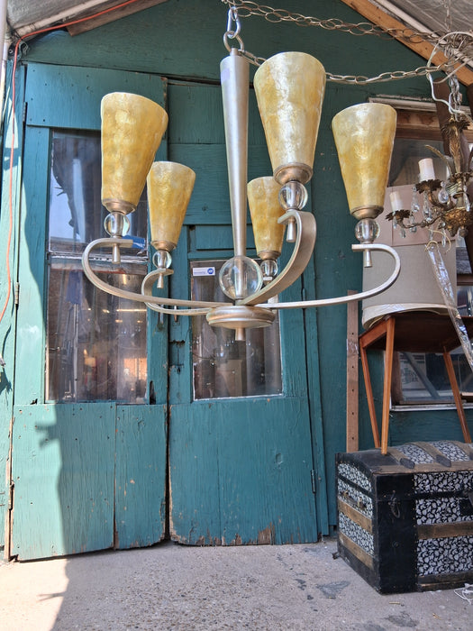 5 LIGHT MODERN SILVER CHANDELIER WITH GOLD GLASS SHADES