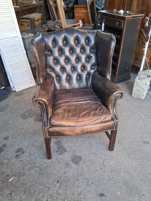 DISTRESSED LEATHER WINGBACK CHINESE CHIPPENDALE CHAIR