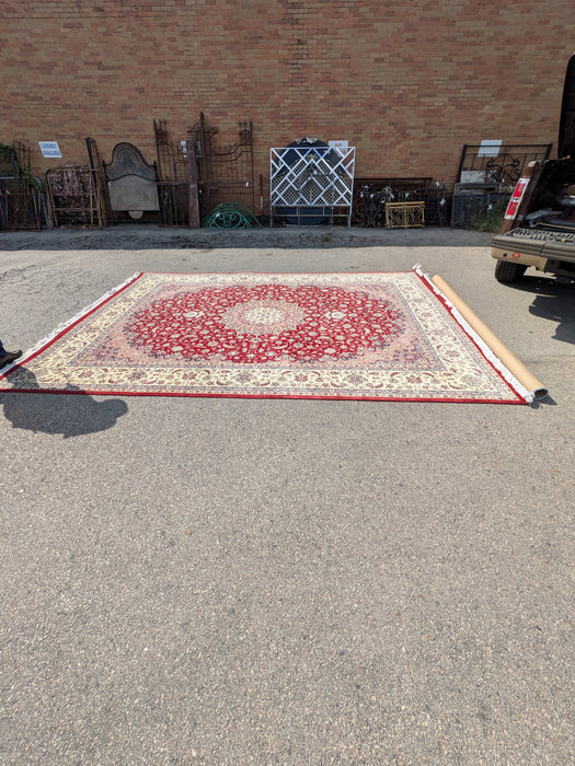 HUGE RED, YELLOW AND BLUE HANDMADE PERSIAN RUG WITH WHITE FRINGE