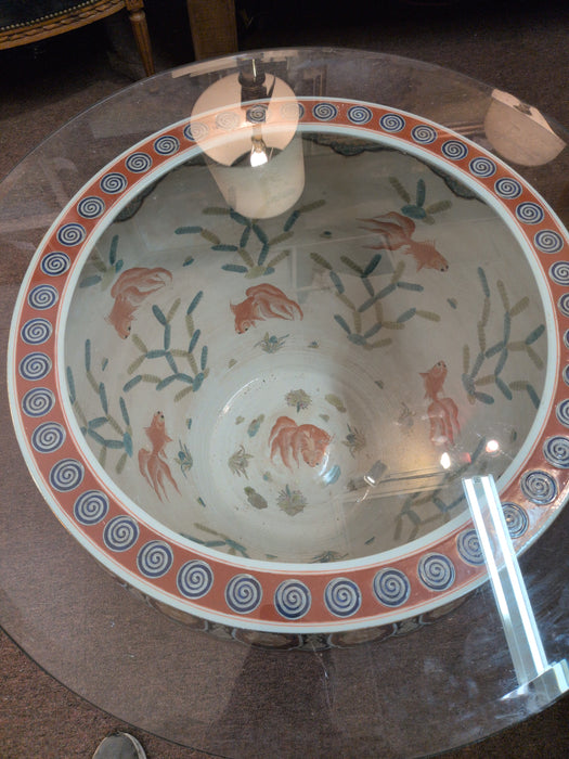 LARGE JAPANESE FISH BOWL WITH GLASS TABLE TOP