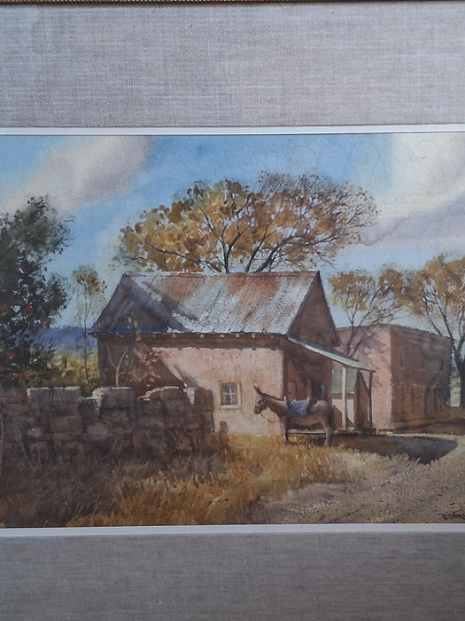 FRAMED WATER COLOR OF A DONKEY AND BRICK BUILDINGS SIGNE PAUL STRISIK