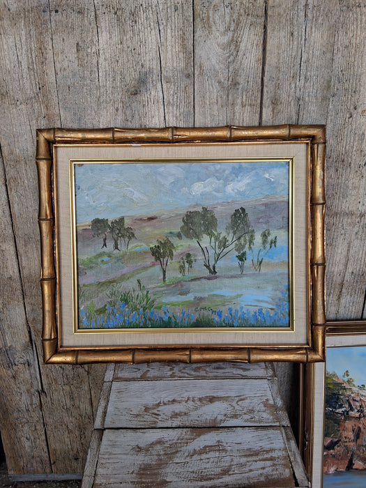 SMALL FAUX BAMBO FRAMED IMPRESSIONIST OIL PAINTING OF TREES