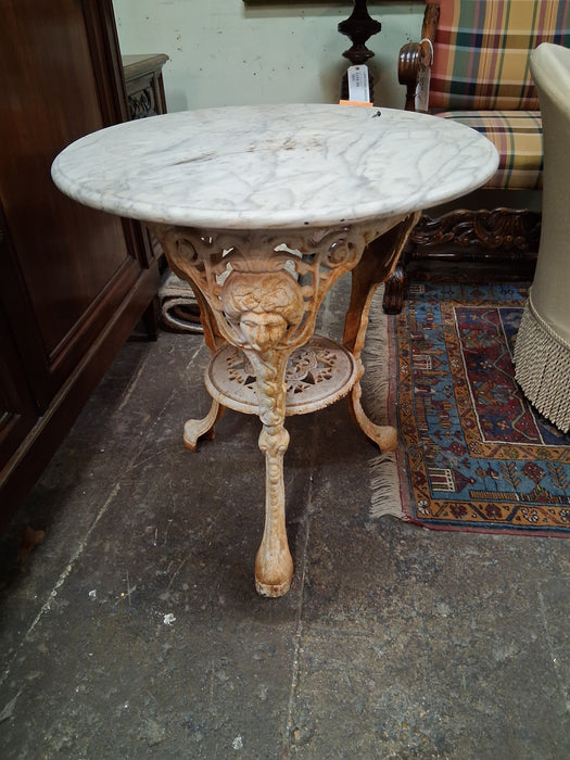 MARBLE TOP ROUND IRON BASE PUB TABLE