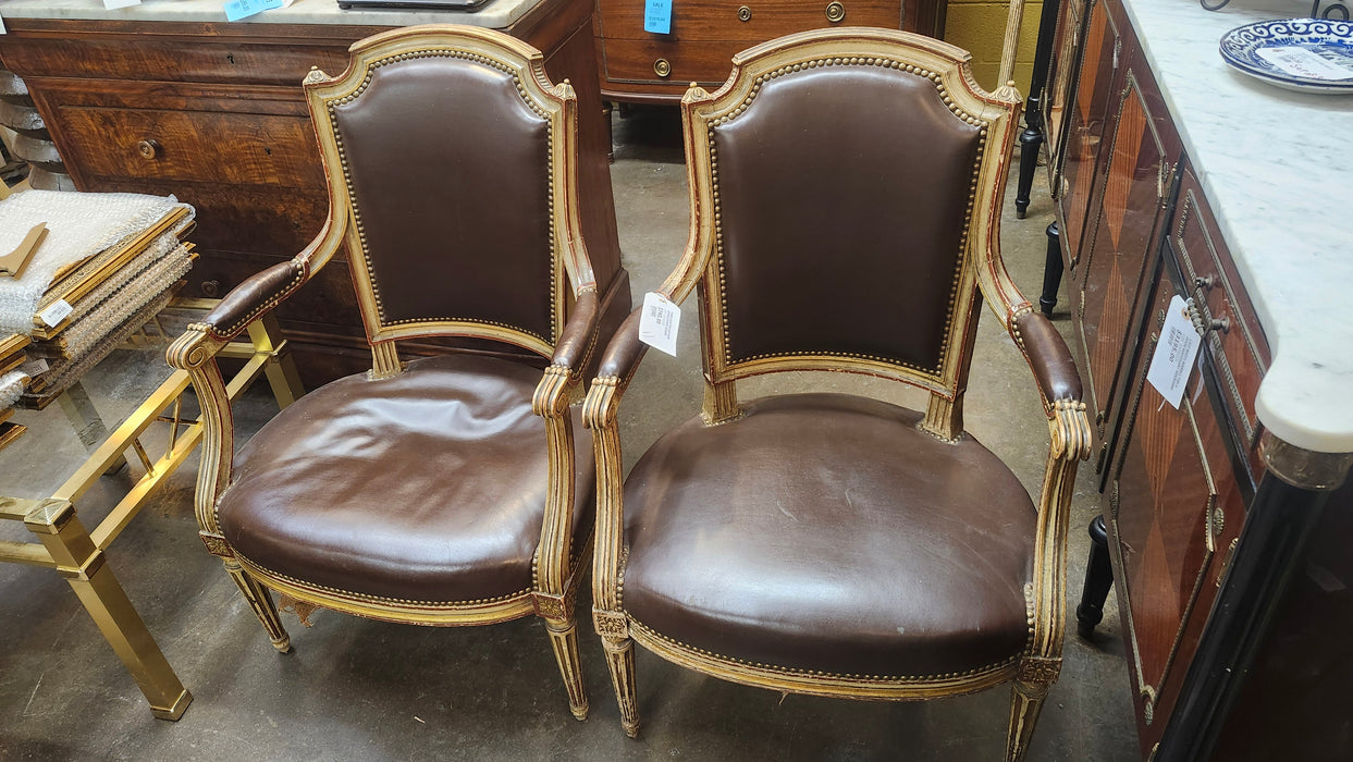 PAIR LOUIS XVI LEATHER UPHOLSTERED CHAIRS