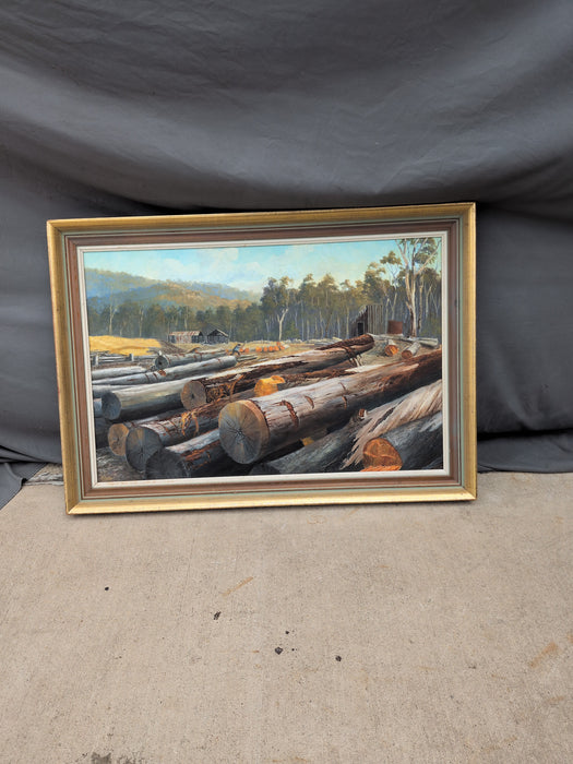 FRAMED OIL PAINTING ON BOARD OF A LOGGING CAMP SIGNED DENISE HARDT