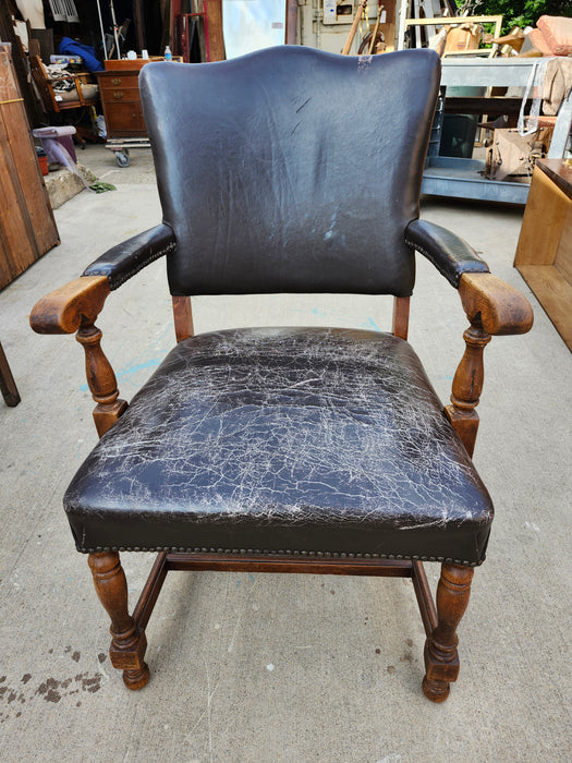 PAIR OF VINTAGE LEATHER ARM CHAIRS AS FOUND