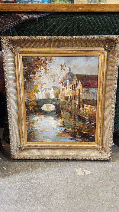 VERTICAL GOLD FRAMED CANAL SCENE VINTAGE OIL PAINTING