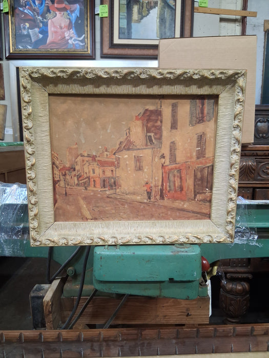 SMALL CARVED LOOK FRAME WITH PRINT OF TOWN