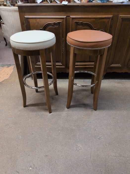 PAIR OF ROUND BAR STOOLS  WITH MISMATCHED COLOR LEATHER SEATS