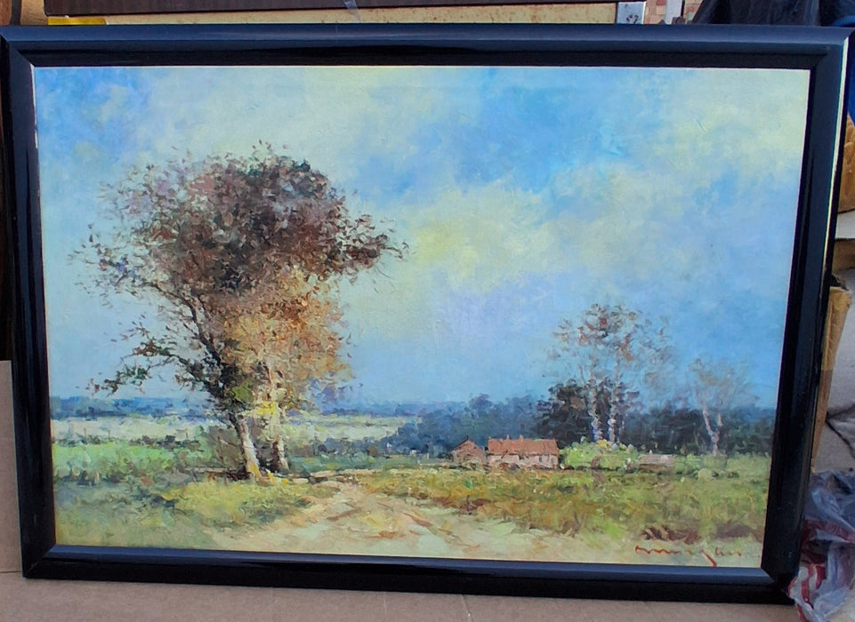 LARGE BLACK FRAMED OIL PAINTING OF A TREE AND RAMSHACKLE HOUSE