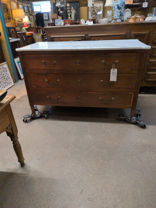 LARGE LOUIS XVI WHITE MARBLE TOP 3 DRAWER CHEST WITH BALE PULLS