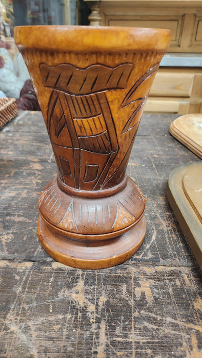 TURNED AND CARVED WOOD VASE
