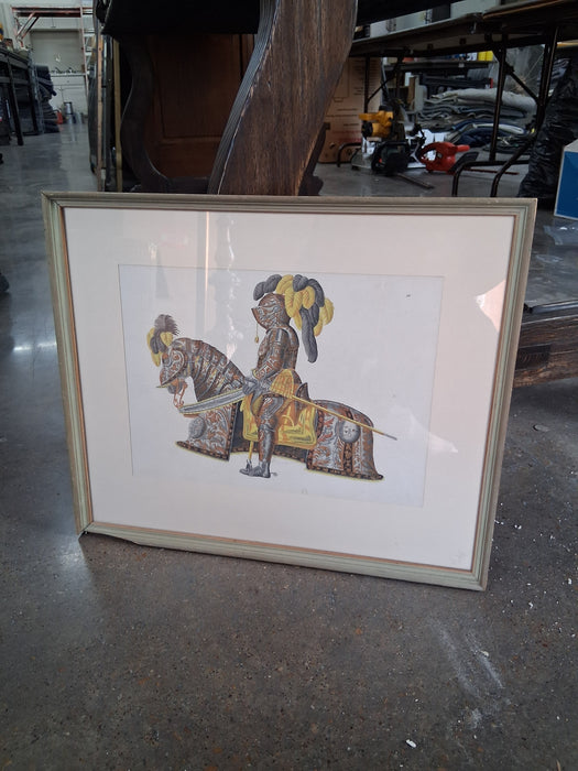 AS FOUND HAND COLORED ENGRAVING OF KNIGHT ON HORSE