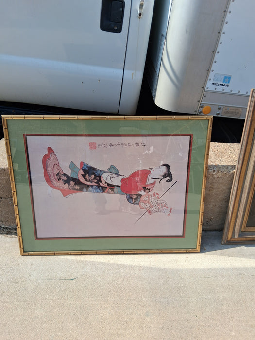 LARGE FRAMED WOODBLOCK PRIND OF GEISHA AND PUPPET